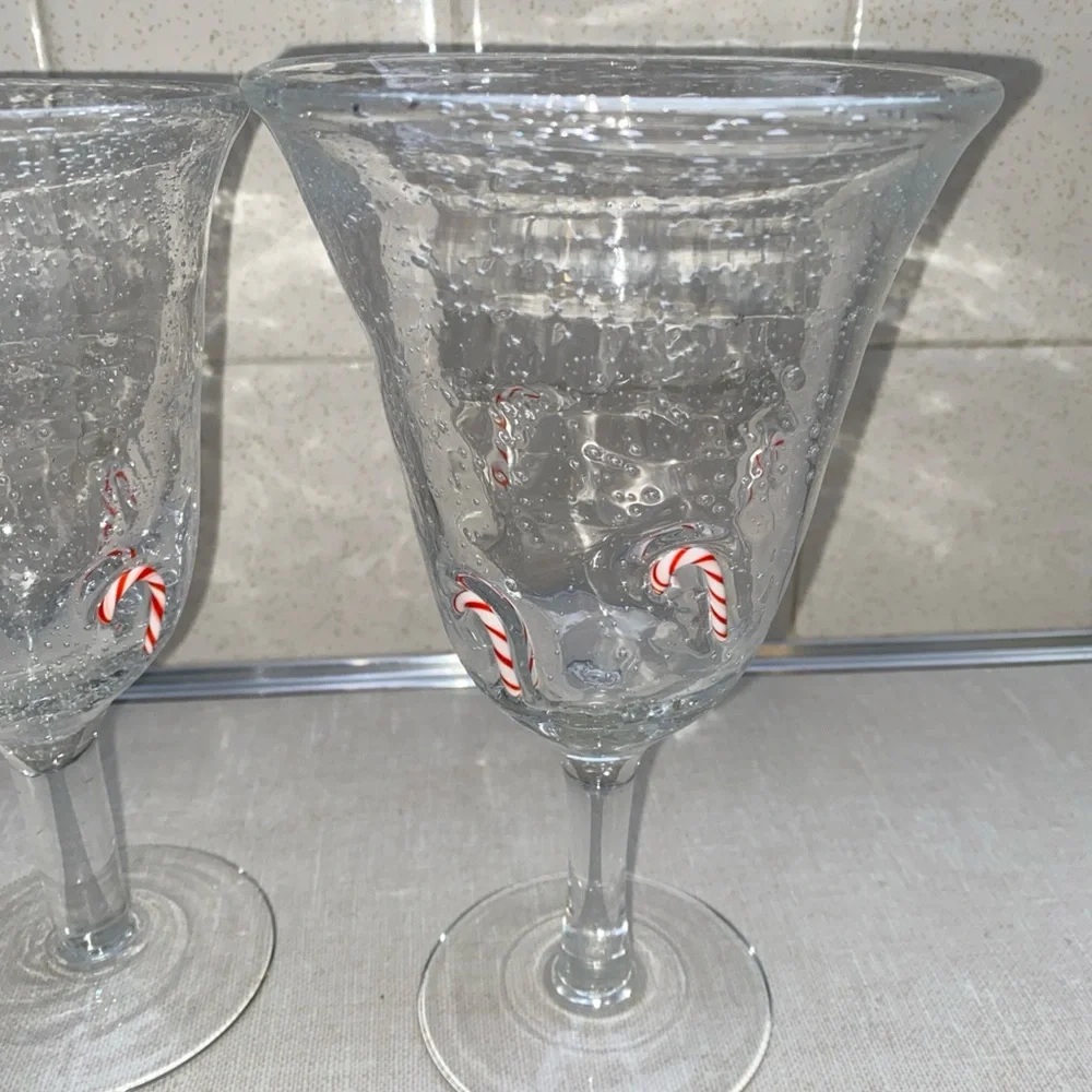 ARTLAND GOBLETS‎ Holiday Candy Canes Clear Seeded Bubble Hand-Blown Glass Set 2